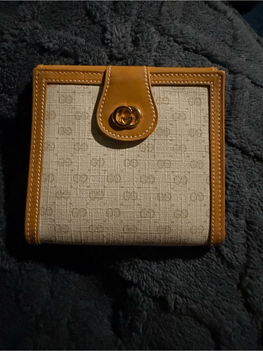 Gucci Canvas and Tan Leather Wallet with Gold Logo Hardware